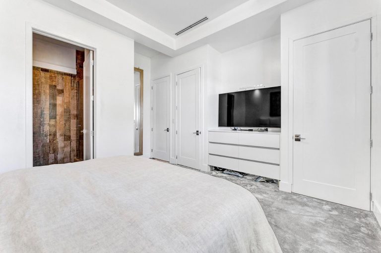 Modern bedroom with a built-in television wall and wood accent door