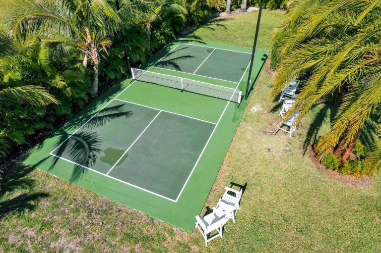 Aerial view of the private pickleball court framed by palms