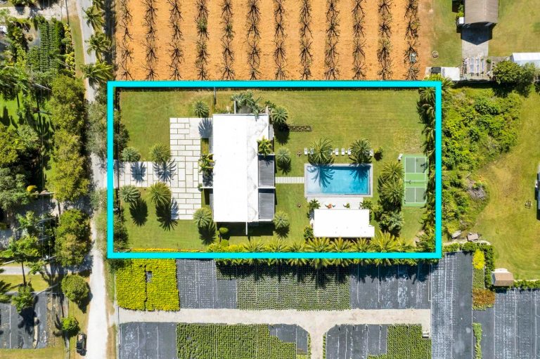 Top-down aerial view showing the estate and property boundary